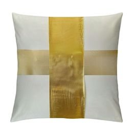 White Beige Throw Pillow Covers with Gold Leather Stitching Luxury Modern Minimalist Square Pillowcase Cushion Covers for Bed Couch Sofa