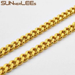 Chains SUNNERLEES Fashion Jewellery Gold Plated Necklace 6mm Curb Cuban Link Chain Shiny Flower Printing For Men Women Gift C78 N 234i
