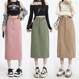 Skirts Cotton Women's Denim Skirt 2024 Summer Casual A-line Long Slim Jean Female Clothing Pink Khaki Green