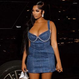 Casual Dresses Women Drilling Denim Dress Sexy V Neck Bodycon Sleeveless Jeans Short Y2K Going Out Night Club Party Mini