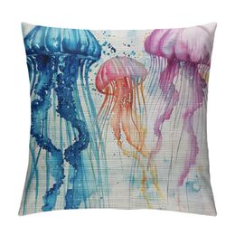 Jellyfish Pillow Case Ocean Sea Pink Blue Colourful Fish Shell Decorative Throw Pillow Cover Square Cushion Canvas for Women Men
