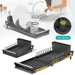 Kitchen Dish Drying Rack Extendable Dish Rack With Draining Tray Kitchen Countertop Utensil Storage Holder Home Organization 240529