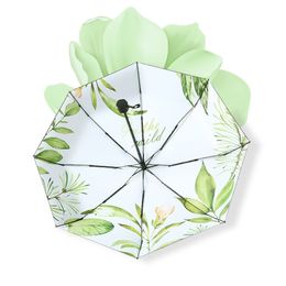 Female Mini Pocket Folding Umbrella Automatic Umbrella Rain Women Green Plants Parasol Windproof UV Protection Capsule 201112 183E