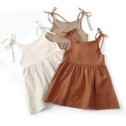 Summer Cute Girls Solid Color Slip Dress Princess Kids Sleeveless Linen Cotton Baby Girls Clothing for Beach Girls Costumes 1-6T 240529