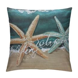 Seas The Day Vintage Beach Starfish Lumber Throw Pillow Cover Brown Sea Marine Fish Square Throw Waist Pillow Case Cushion Cases for Sofa Bedroom Living Room
