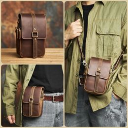 NASVA Genuine Leather Mens Waist Bag Vintage Small Satchel Mini Shoulder Crossbody Mobile Phone 240529