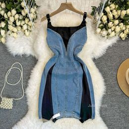 Summer new patchwork Colour contrasting denim camisole dress with irregular slim fit and sexy buttocks short skirt for women