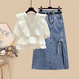 Work Dresses Women Set Summer Korean Fashion V-neck Short Sleeve White Shirt Top High Waist Slimming Mid Length Denim Skirt Two Piece