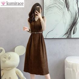 Work Dresses Mid Length Corduroy Strap Dress Two-piece Set For Women's Autumn And Winter Style With Coat Bottom Sweater Skirt
