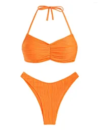 Women's Swimwear ZAFUL Wave Textured Ruched Halter Tie Cheeky Bikini Two Piece Set