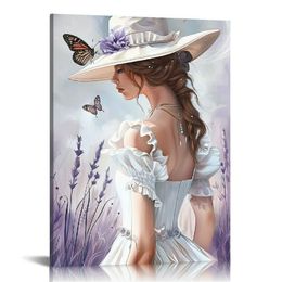 Butterflies And lavender Woman Walking Paintings Print Purple Canvas Art Abstract Canvas HD Poster Office Wall Art Home Decor Aesthetic Wall Pictures