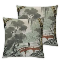 Chinoiserie Pillow Cover Set of 2 Asian Scenic Grey Decorative Throw Pillow Case Cushion Cover for Bedroom Sofa Living Room Couch Chair Office