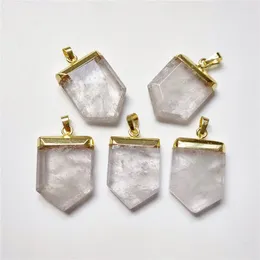 Pendant Necklaces FUWO Wholesale Natural Crystal Quartz Golden Plated Shield Shape Stone Accessories For Women Jewelry Making 5Pcs PD211