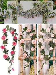 Decorative Flowers Pink Silk Cloth Rose Flower Rattan Artificial Ivy Wedding Party Wall Hanging Garland Home Garden Decoration Green Plant