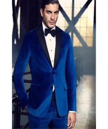 High Quality Royal Blue Velvet men suit Blazer Groom Tuxedos terno masculino Men039s Prom Dress Suits JacketPantsBow Tie4137009