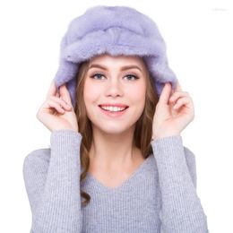 Berets Mink Hat Children's Winter Fur Grass Whole Genuine Leather Women's Fleece Warm Ear Protection Flap