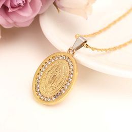 Religious Jewellery Statement Necklace Punk Women Men Accessories 14k Fine Solid Yellow Gold GF Chains Virgin Mary crystal cz Pendant Vin 2509