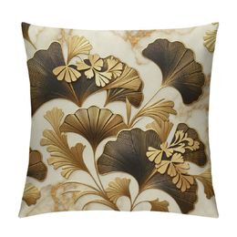 Throw Pillow Cover Rectangle Satin Cushion Case, Plant Leaves Teal Gold Pillowcase for Sofa Couch Living Room Bedroom, 1 Pack