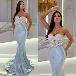 Sky Blue Mermaid Sexy Prom Dresses Lace Satin Beading Sweetheart Evening Formal Party Second Reception Bridesmaid Gowns