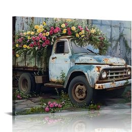 Rustic Farmhouse Truck Flowers Canvas Wall Art Vintage Barn Old Car and Floral Painting Pictures Prints Framed for Farmhouse Country Wall Decor
