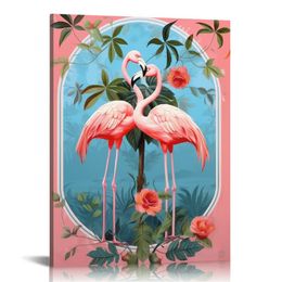 Canvas Print Wall Art Preppy Room Decor Tropical Flower Flamingo Teen Girls Wall Decor Decorative Modern Art Colorful for Living Room, Bedroom, Office