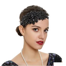 Headbands Black Rhinestone Baffle Headband Elastic Womens Handmade Bridal Wedding Accessories Amazing Gatsby Fascinator Hair 240528 Otyif