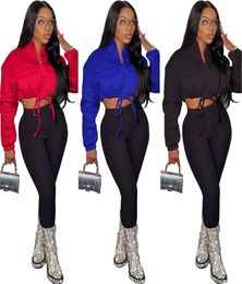 Black Red Blue Hipster Women039s Cropped Jackets Casual Stand Collar Full Sleeve Slim Coat Streetwear Zipper Drawstring Outerwe9160794