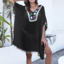 Boho Tassel Beachwear For Women Summer Luxury Beach Cover Up 2024 Trend Black Knitted White Fringe Sun Dress On Sea