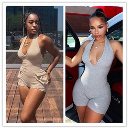 NEW Designer Sexy Backless Rompers Women Summer Halter Jumpsuits Solid V neck Bandage Playsuits One Piece Bodysuits Night Club Wear Wholesale Clothes 11514