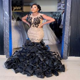 Gorgeous Black Girls Prom Dresses With Organza Ruffles Plus Size Beaded Tiered Mermaid Evening Dress Aso Ebi South African Formal Brithday Dress Glam Vestios Fiesta