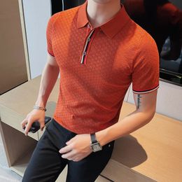 English Gentleman Hollowed Out Knitted Lapel Polo Shirt Summer Slim Business Formal Social Office Polos Mens Club Casual T-top 240529