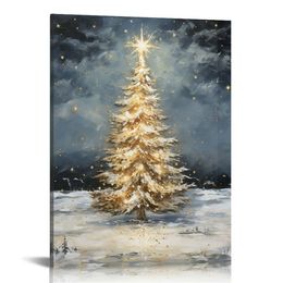 Vintage Christmas Tree Canvas Wall Art, Winter Pine Tree Poster, Xmas Tree Prints Painting, Neutral Rustic Winter Picture Prints for Wall Decor Unframed