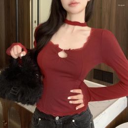 Women's T Shirts Women Crop Tops Vintage Korean Retro High Street Red Hollow Out Lace Hlter Neck T-Shirt Streetwear Tee Shirt