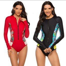 Swimwear New surfing suit swimsuit long sleeved one piece zippered swimsuit womens Snorkelling suit printed slimming diving suit