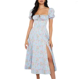 Womens Bohemian Floral Print Long Sleeve Midi Dress Casual Boho Lace Square Collar Split Summer Streetwear