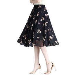 Skirts 2024 Summer New Elastic Waistline High Waist Slim Chiffon Floral Skirts Mom Auntie Korean-style Mid-length Dancing Skirt Women Y240528