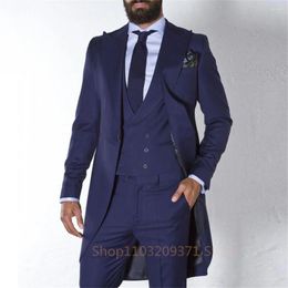 Men's Suits Navy Blue Long Tail Coat 3 Piece Gentleman Man Male Fashion Groom Tuxedo For Wedding Prom Jacket Waistcoat With Pants