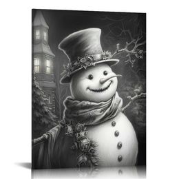 Winter Snowman Poster Prints Wall Art Winter Pine Tree Canvas Painting Framed Artwork for Christmas Living Room Decoration with Inner Frame