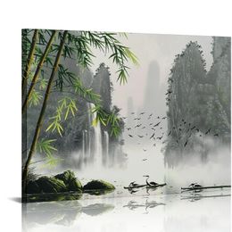 Китайская картина Шаншуи Черно -белая пейзажная стена искусство зеленое бамбуковое холст