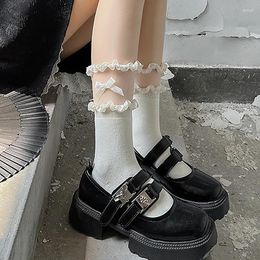 Women Socks 1Pair Mid-Calf Autumn Spring Bowknot JK Lolita Thin Cotton Fashion Lace Stitching Kawaii Breathable