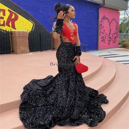 Shiny See Through Prom Dresses With Red Appliques Sparkly Black Sequin Mermaid Evening Dress 2024 Sweep Train Black Girls Birthday Formal Occasion Party Gown 2024
