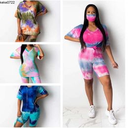 Women Tracksuits With Mask Two Pieces Sets Short Sleeve V Neck Tops Shorts 2 Pieces Suits Ladies Sports Suit Skinny Outdoor Wear