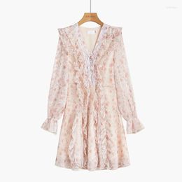 Party Dresses Pink Dress Women's 2024 V-neck Ruffle Gentle Wind Design Sense Of Niche Long Sleeve Floral For Women