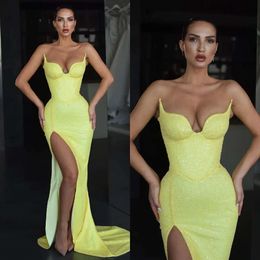Sexy Yellow Mermaid Prom Dresses Sequins Sweetheart Evening Dress Split Formal Long Special Ocn Party Gowns 0530