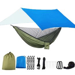 Hammocks Camping Hammock With 300*300cm Rain Fly Tarp and Mosquito Net Tent Tree Straps Portable 1-2 Nylon Parachute For Travel H240530 IILE