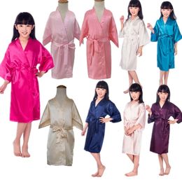 Wholesale Solid Girls Satin Silk Robes Bath Kimono For Spa Wedding Party Birthday Children Bathrobes Pink Kids Nightdress W3 L2405