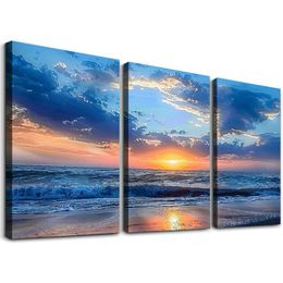 Wall Art Moon Sea blue Ocean Landscape Paintings Bedroom Canvas Art Print wall art for living room Paintings for Wall Decor and large Home Decor 12''x16''X3 Panels