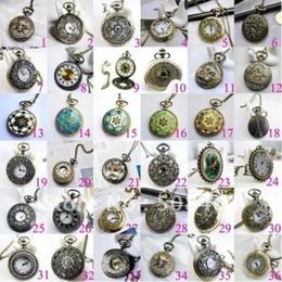 Free ship 30pcs lot big 47mm mixed design Fashion Bronze tower pendant Women Mens pocket watch Free Long Necklace Gift 314E