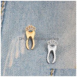 Pins, Brooches Gold Sier Rose Tooth Brooch Pin With Crystal Crown Dentist Doctor Nurse Graduation Gift Student Badage Lapel Fashion B Dha3C