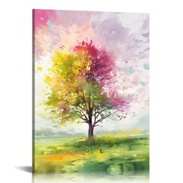 Tree Wall Art Seasons Colorful Tree of Life Poster Picture Print Abstract Contemporary Artwork Paintings Home Office Living Room Bedroom Decor Framed Ready to Hang